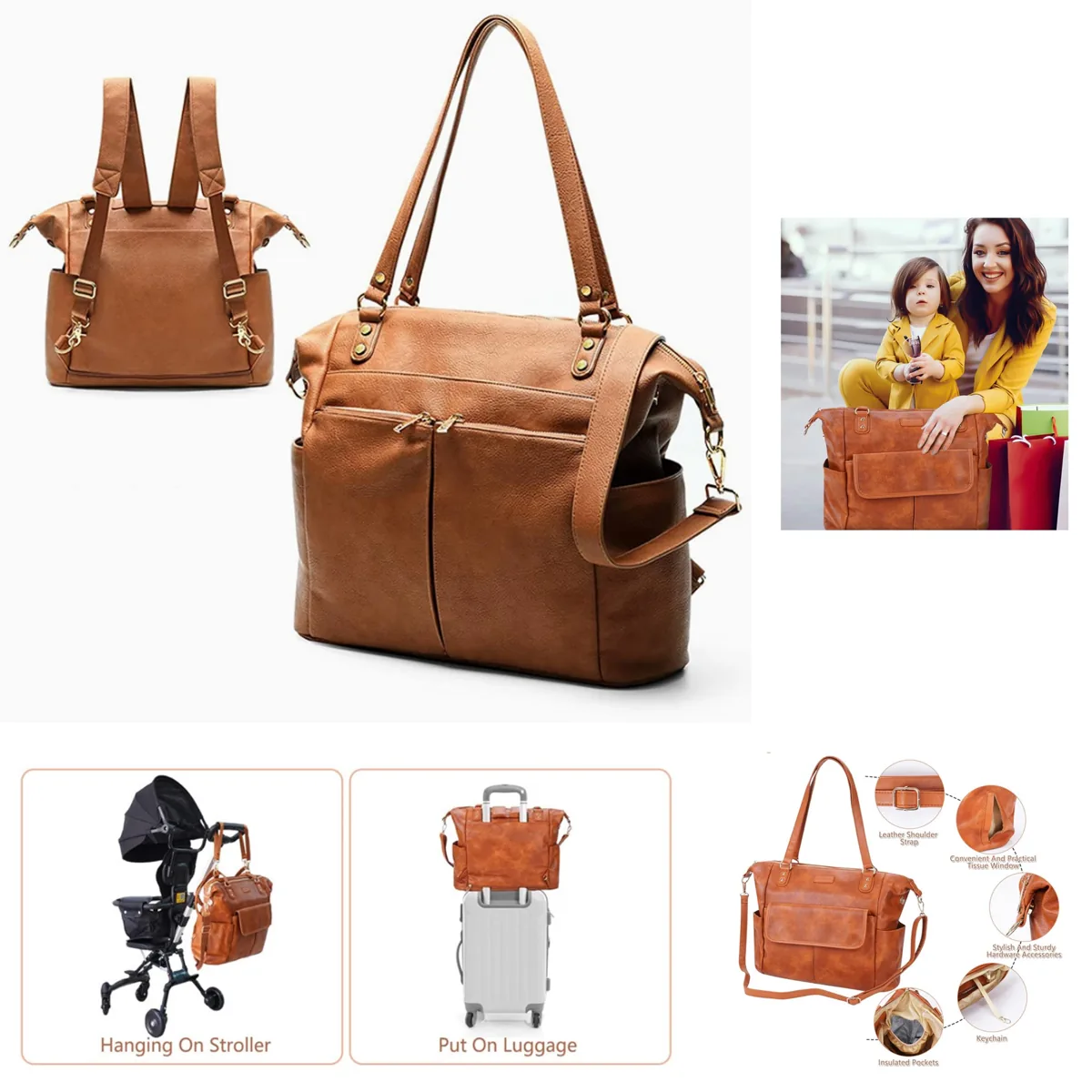 Faux Leather Convertible Mom Backpack and Tote Bag 2