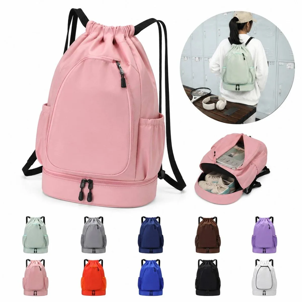Large Sports Drawstring Backpack Lightweight Oxford 2