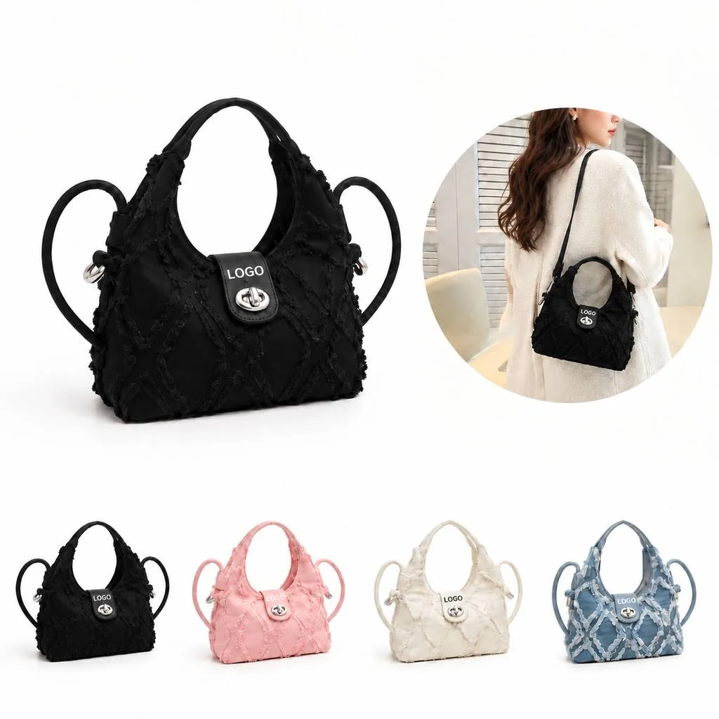 Quilted Denim Crossbody Bag with Adjustable Strap