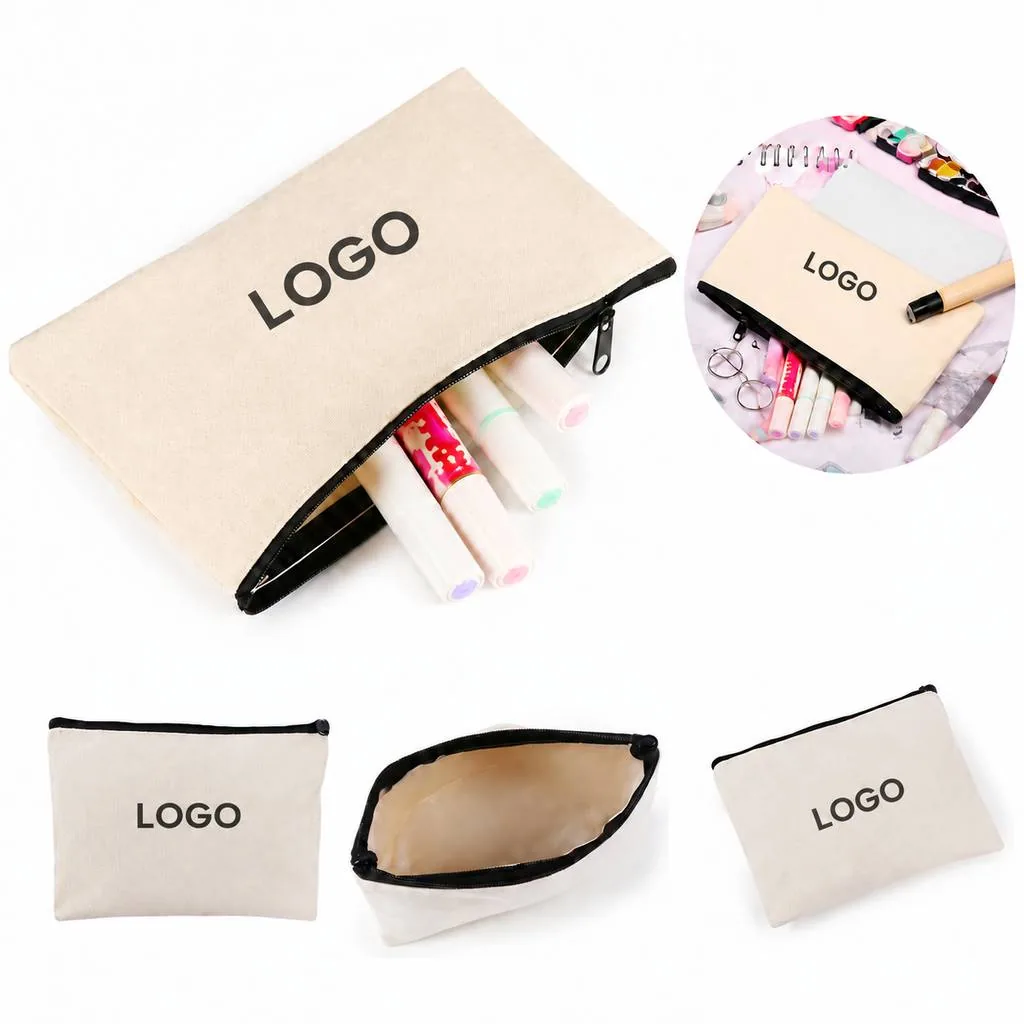 Linen Cosmetic Bag with Zipper Customizable Pouch