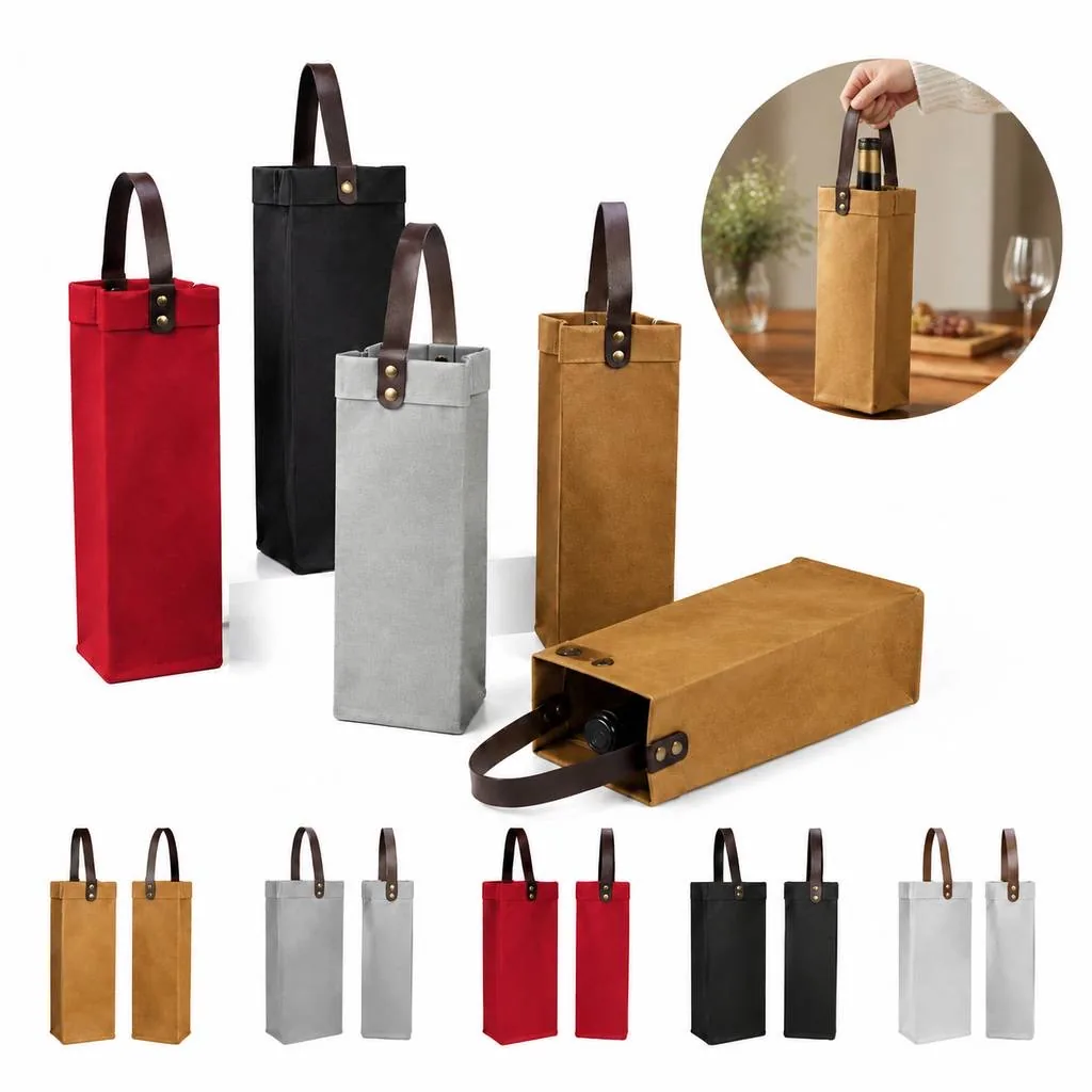 Eco-Friendly Red Kraft Paper Wine Bag with Carry Handle 2