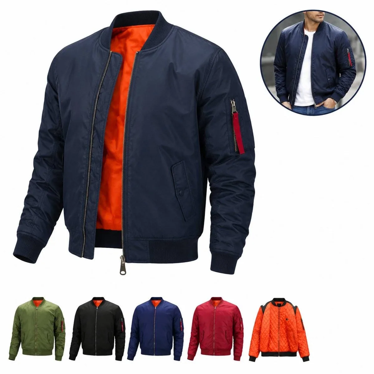 Men's Quilted Zip-Up Bomber Jacket with Side Pockets 2