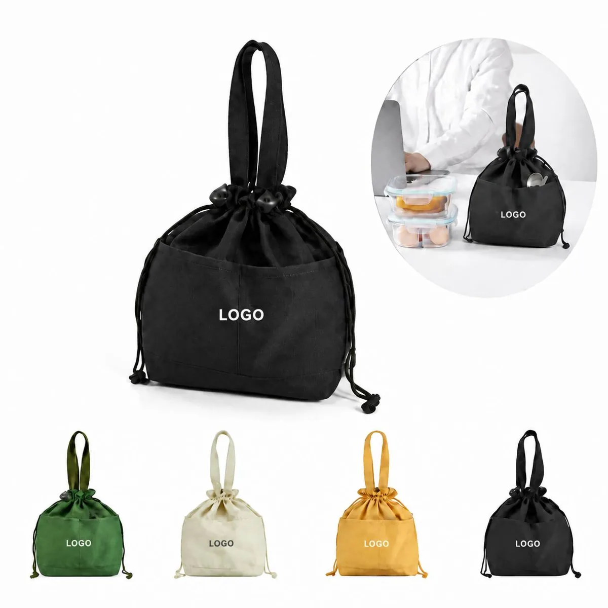 Thermal Canvas Insulated Lunch Tote with Drawstring