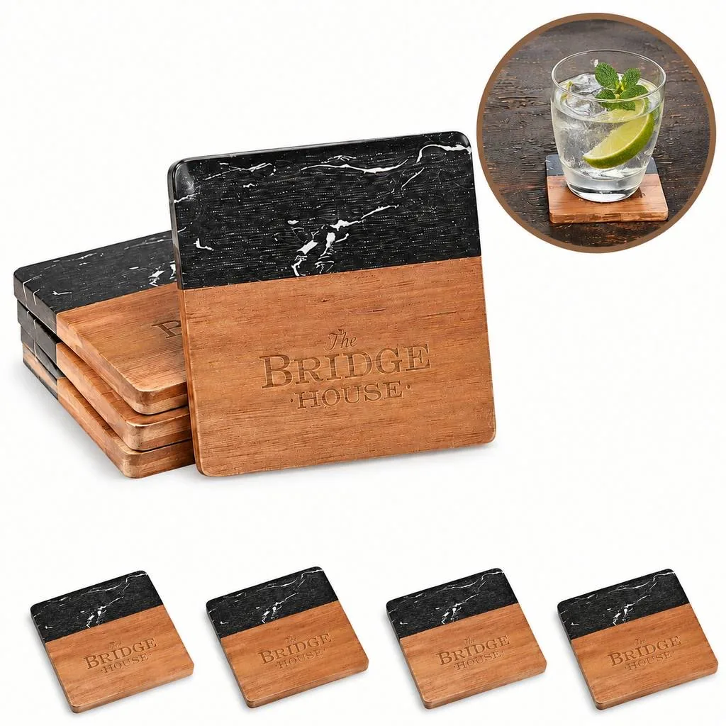 Black Marble & Wood Drink Coaster Set 2