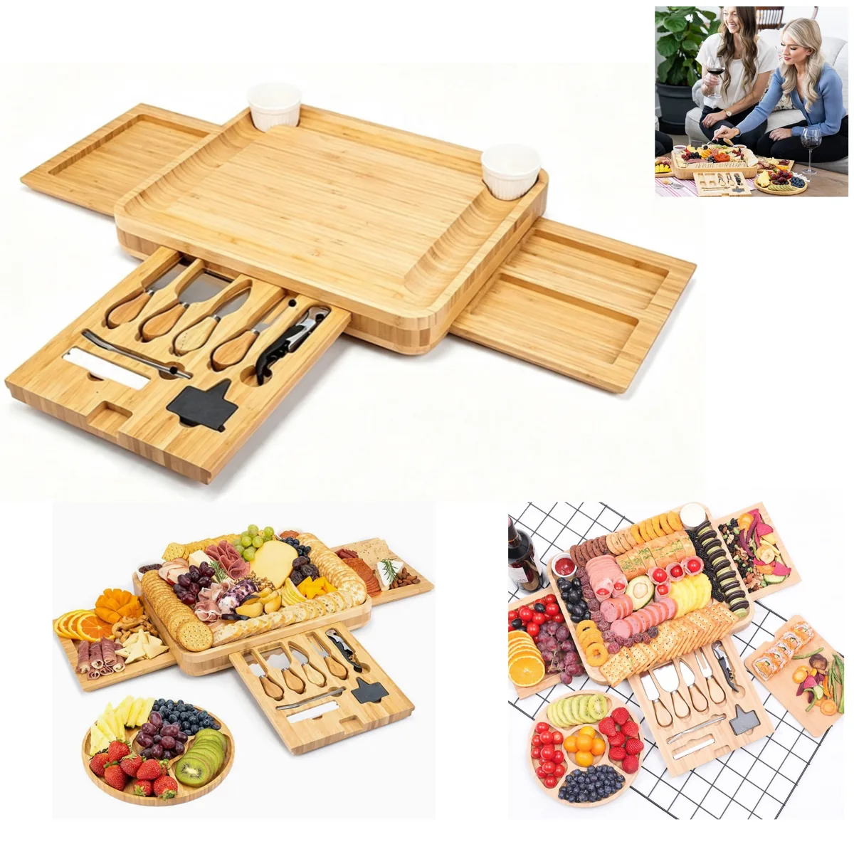 Large Bamboo Charcuterie Serving Board Set with Accessories 2