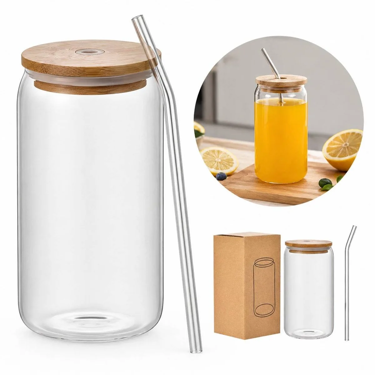 Reusable Borosilicate Glass Cup with Bamboo Straw and Lid 2