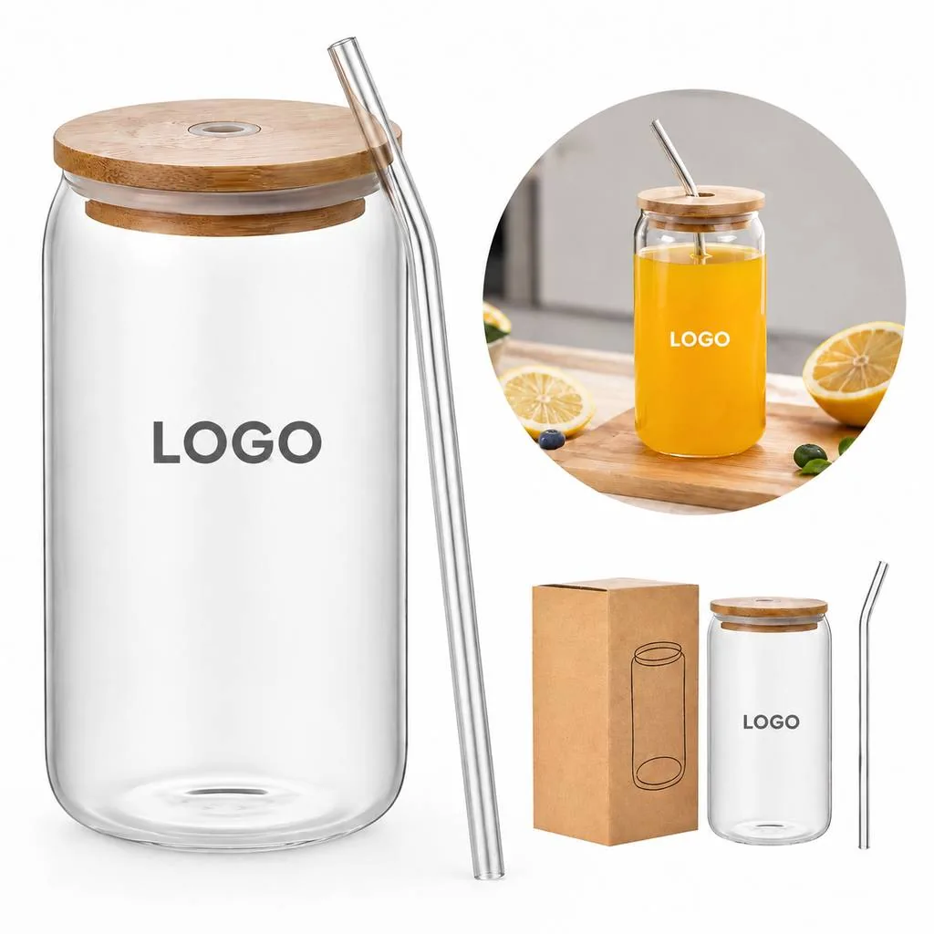 Reusable Borosilicate Glass Cup with Bamboo Straw and Lid