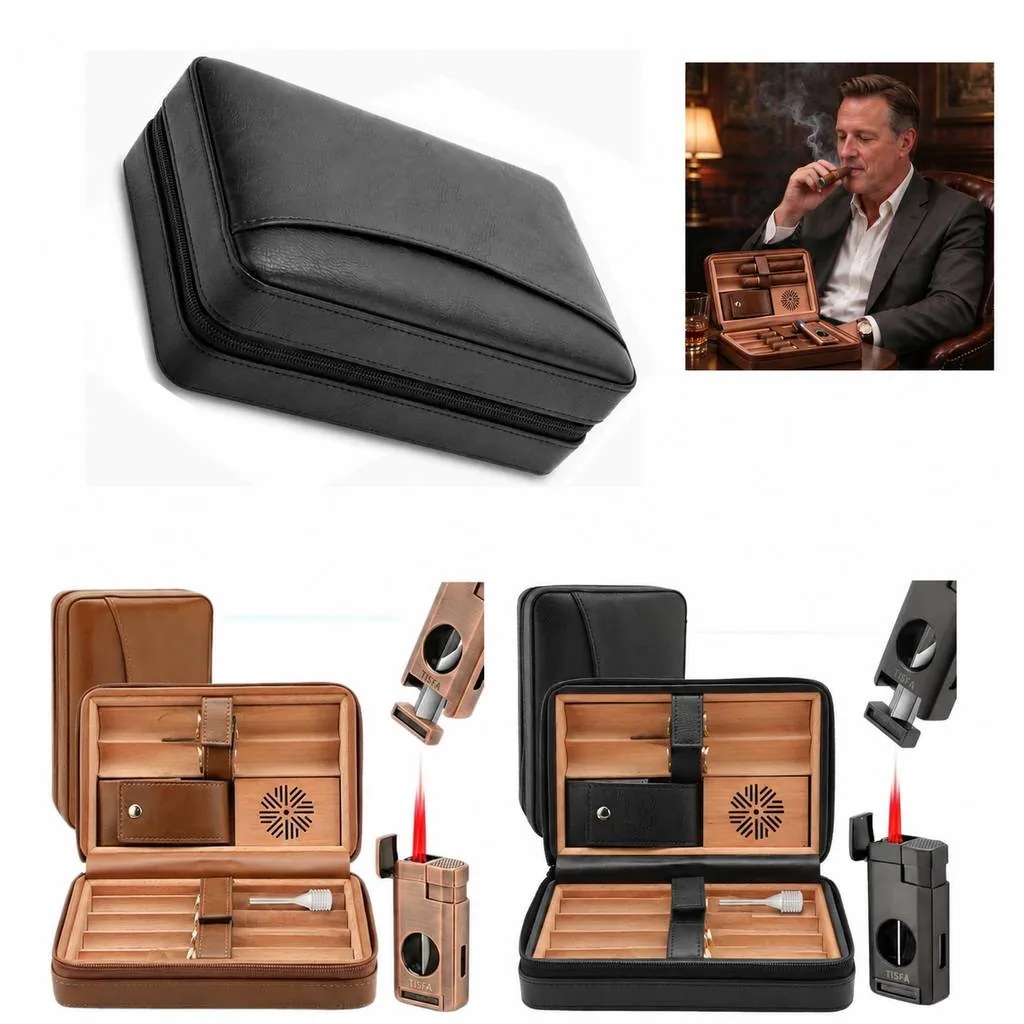 Portable Cedar Wood Leather Cigar Case Holds 5 2