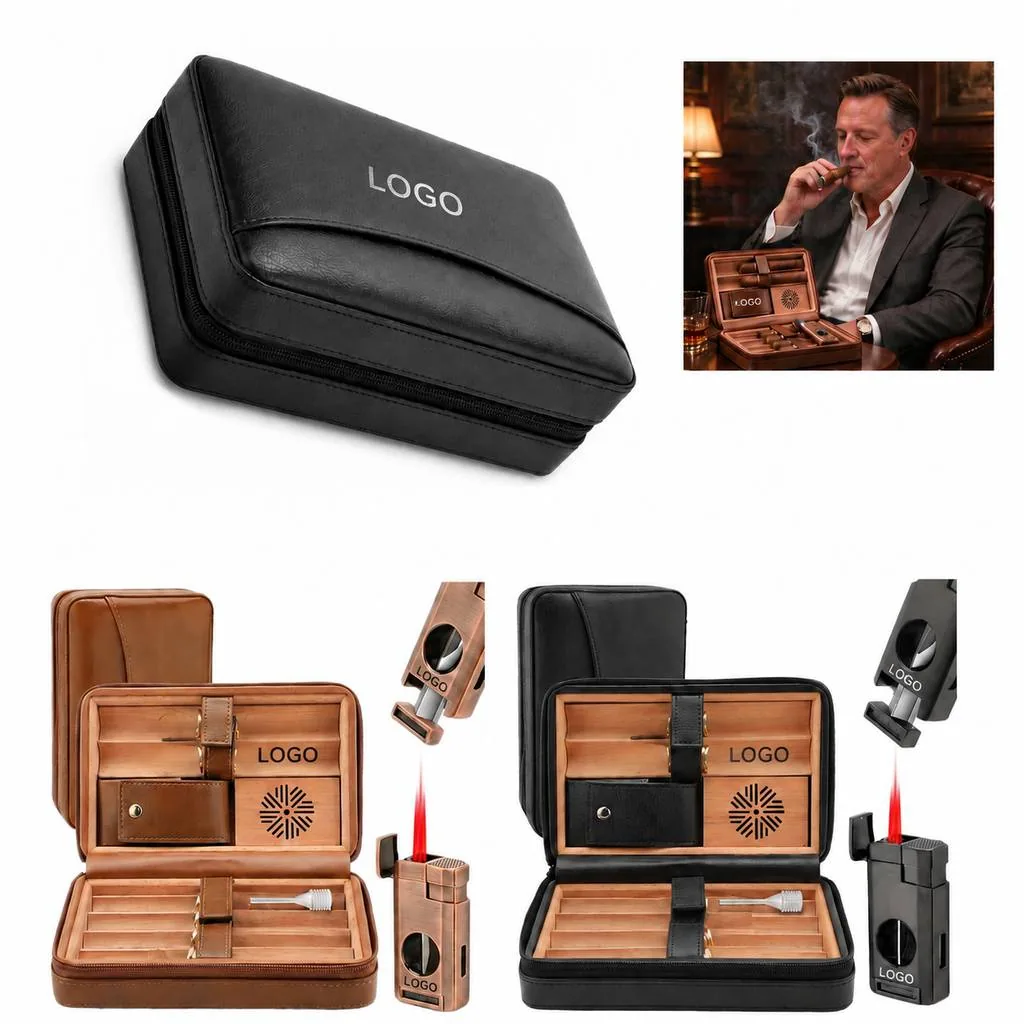 Portable Cedar Wood Leather Cigar Case Holds 5