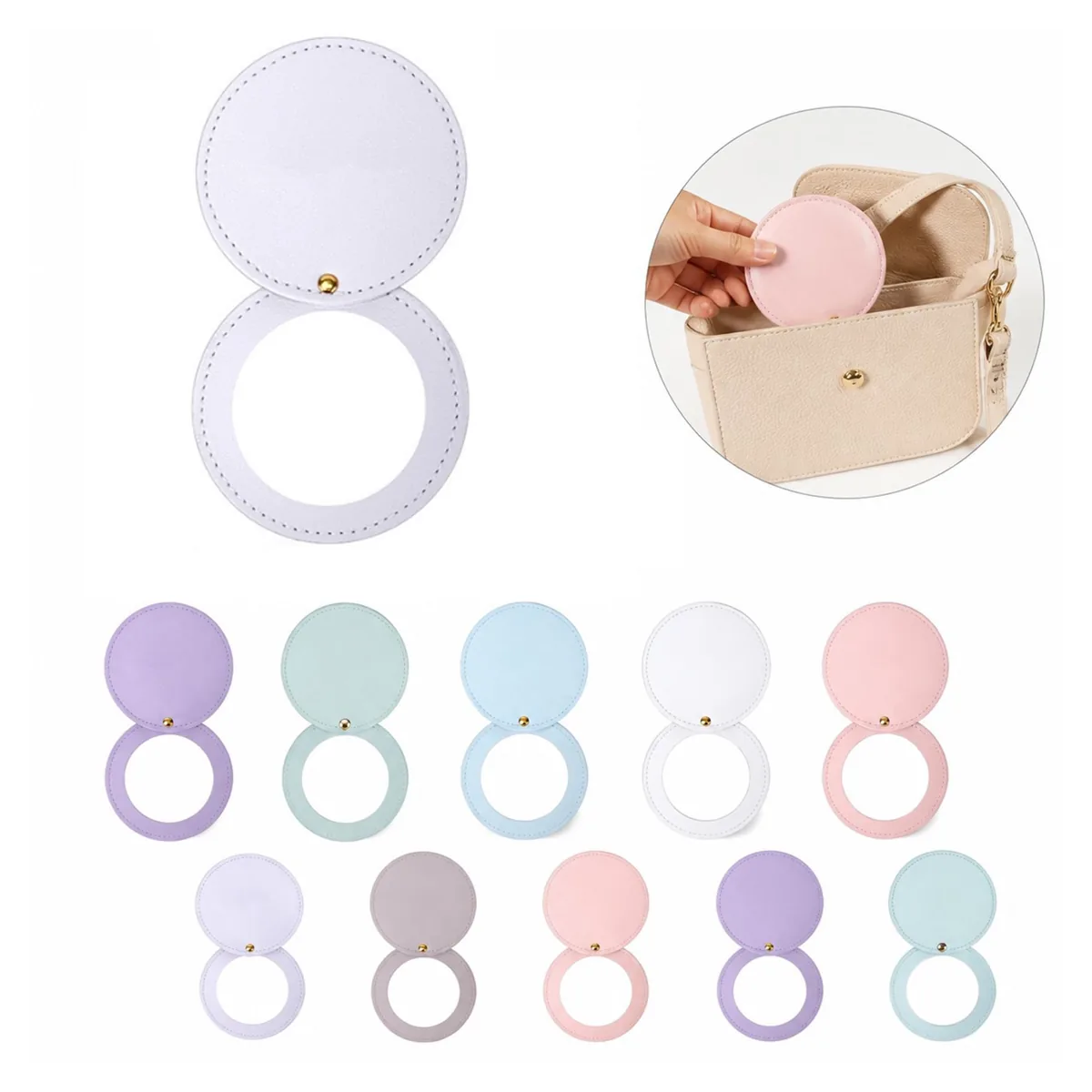 Round Portable PU Makeup Mirror Compact for Travel 2