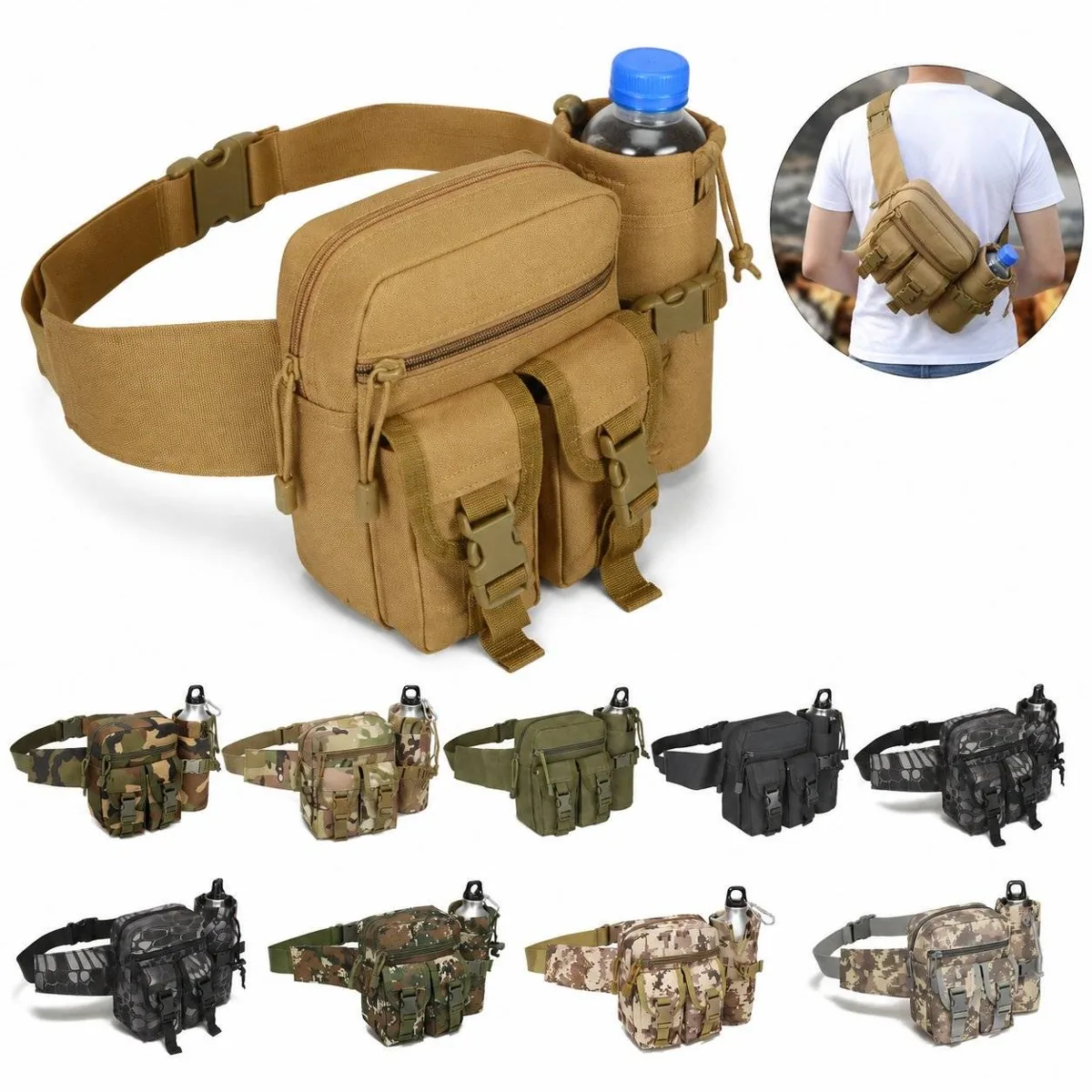 Water-Resistant Oxford Tactical Waist Bag with Bottle Holder 2