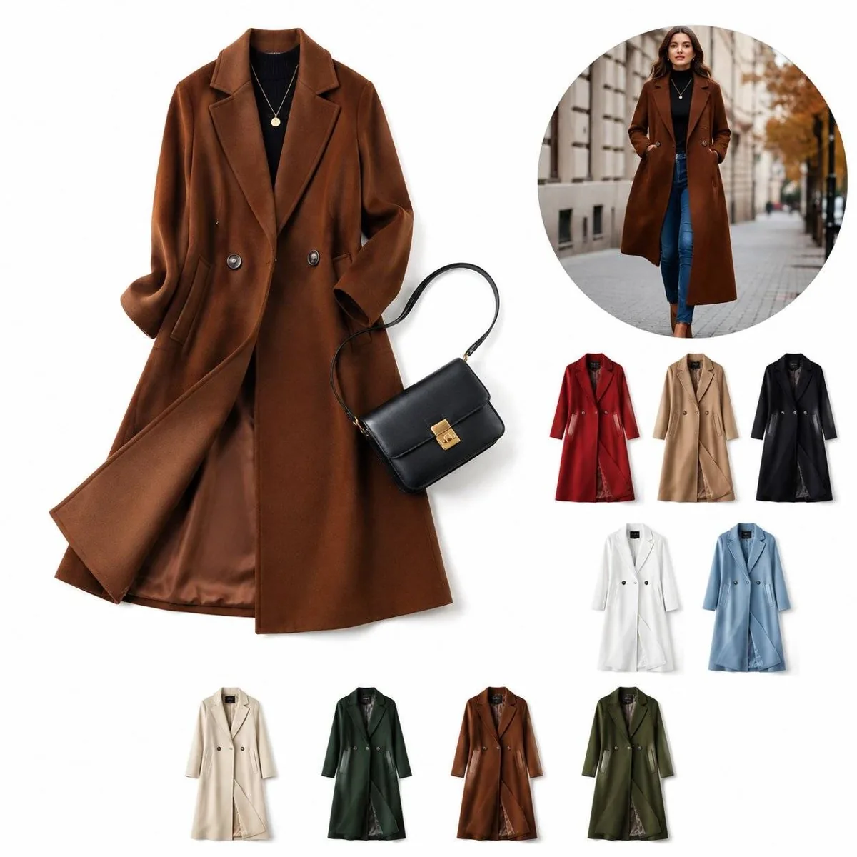 Women's Mid-Length Wool Blend Coat with Lapel Collar 2