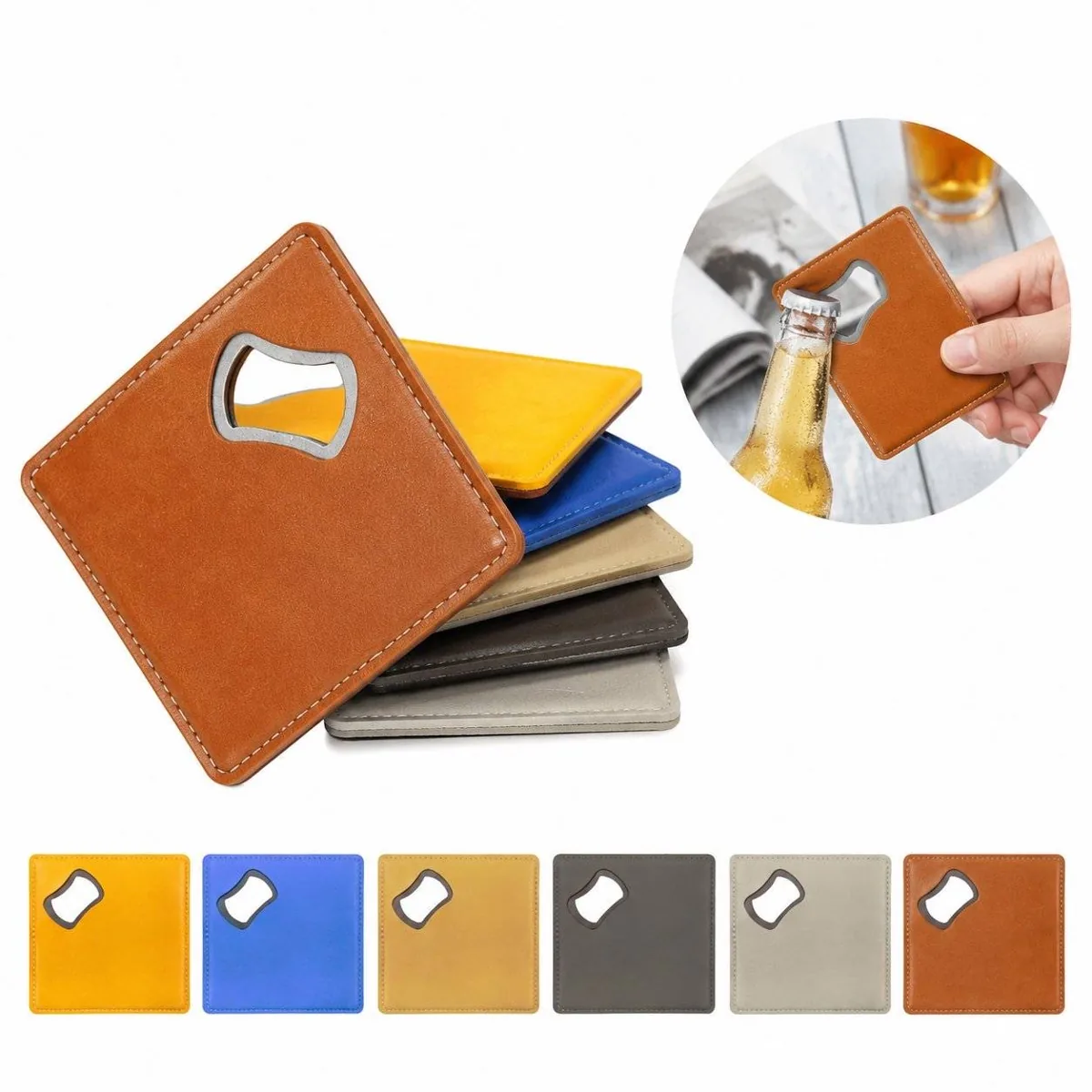 Square Leather Coaster with Built-in Beer Bottle Opener 2