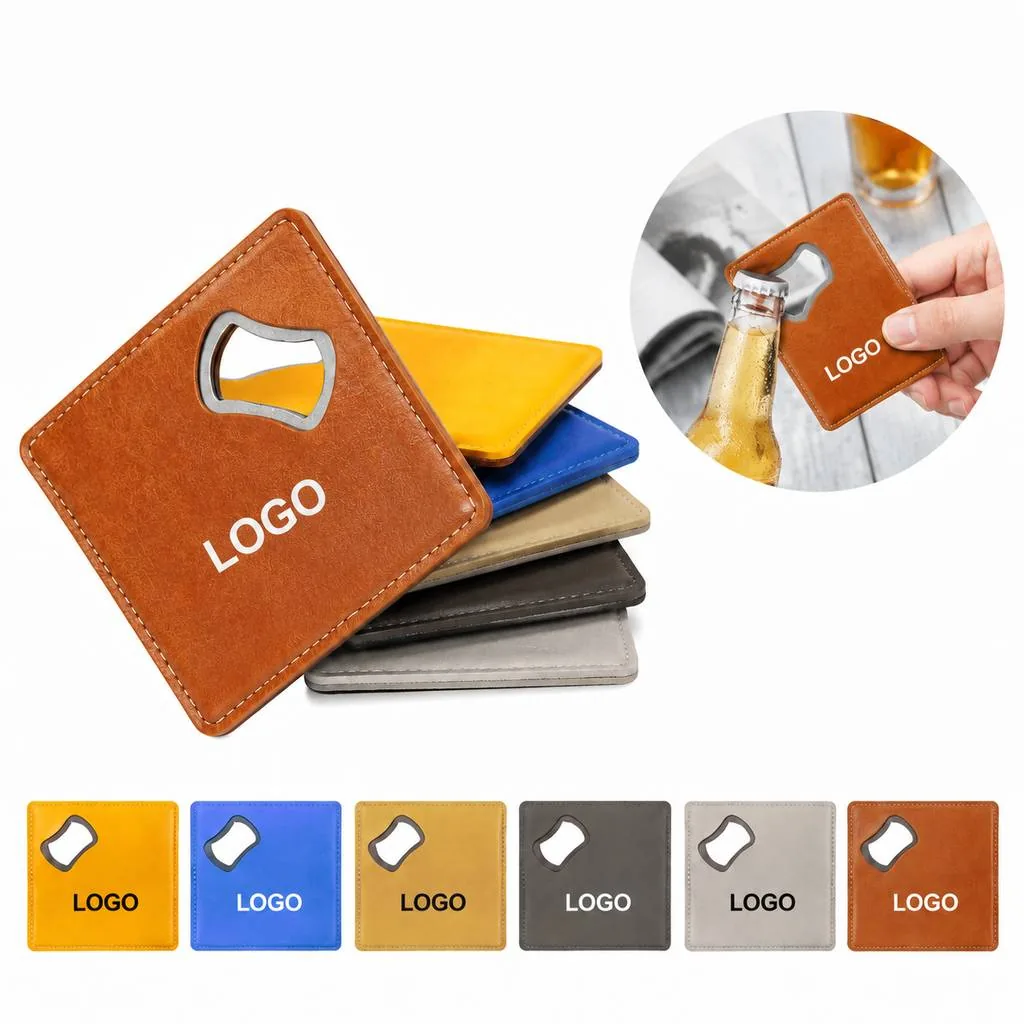 Square Leather Coaster with Built-in Beer Bottle Opener