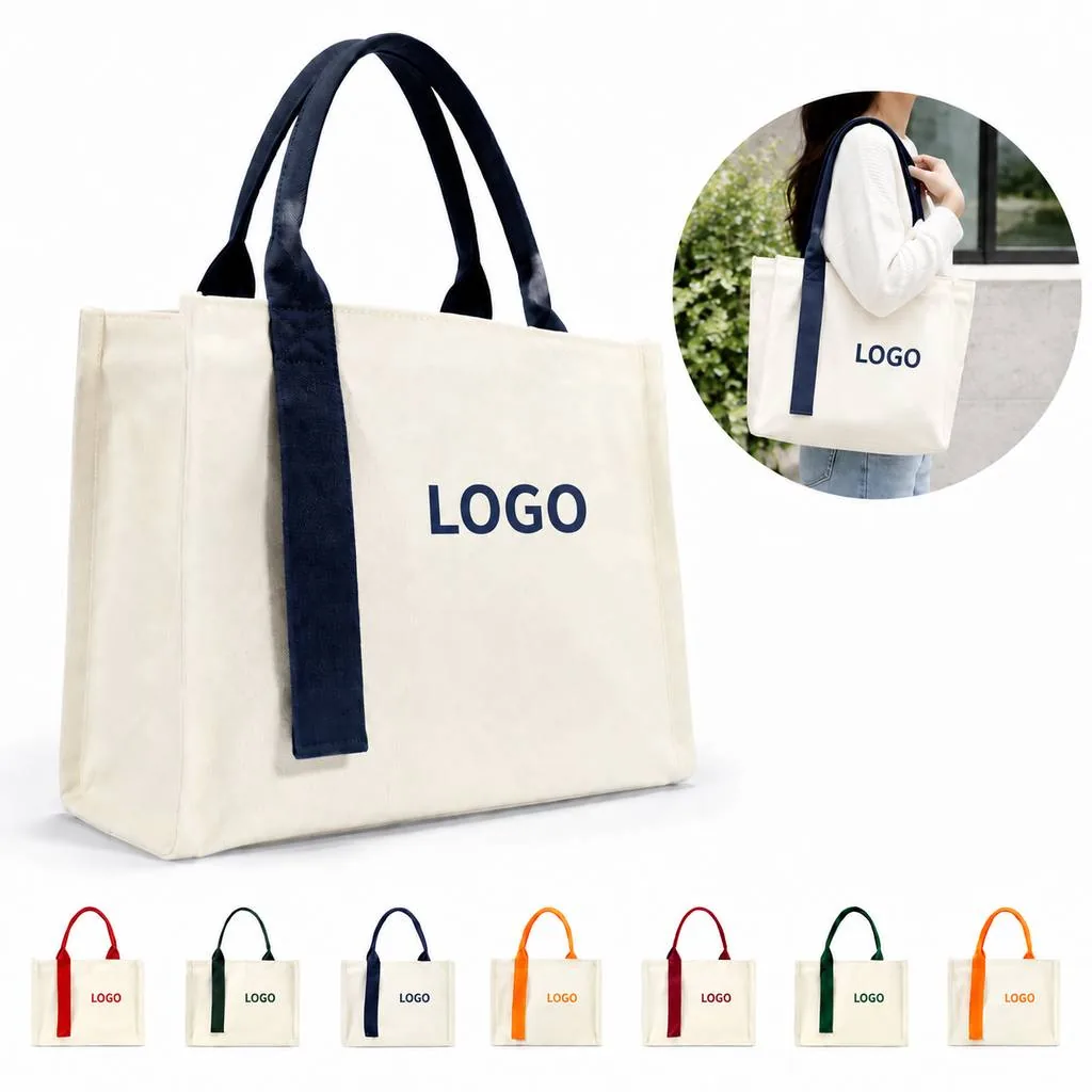 Three-Layer Canvas Tote Bag with Ribbon Accent