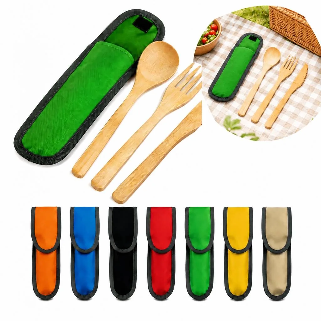 Eco-Friendly 3-Piece Bamboo Utensil Set with Travel Pouch 2
