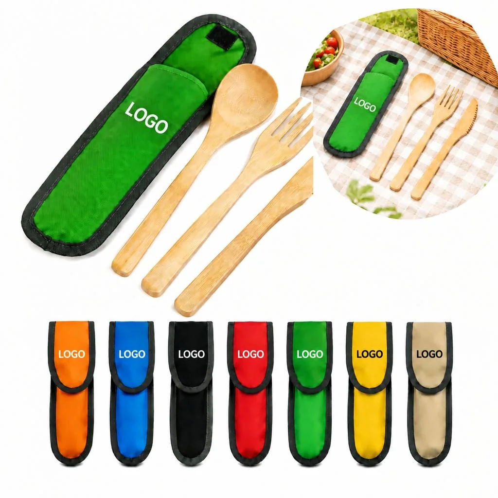 Eco-Friendly 3-Piece Bamboo Utensil Set with Travel Pouch