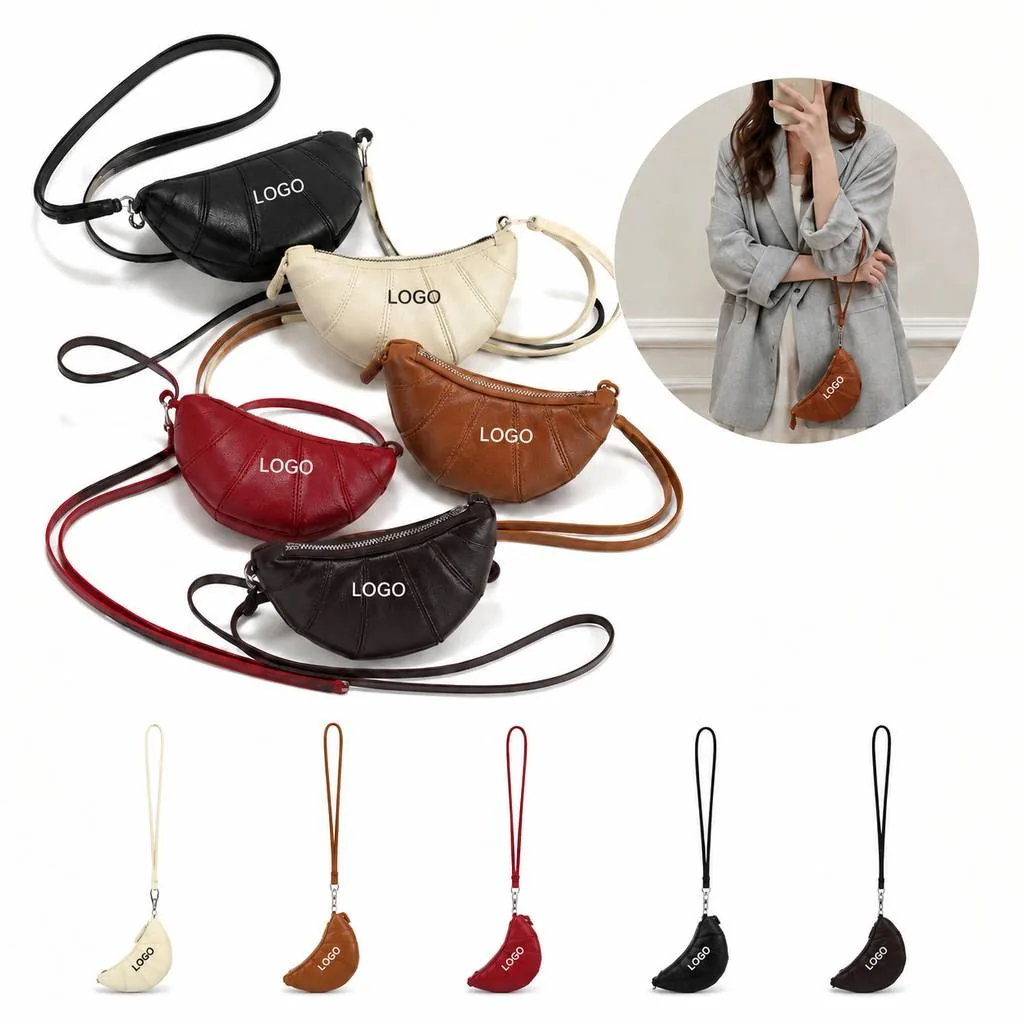 Croissant-Shaped Leather Necklace Purse with Metal Chain