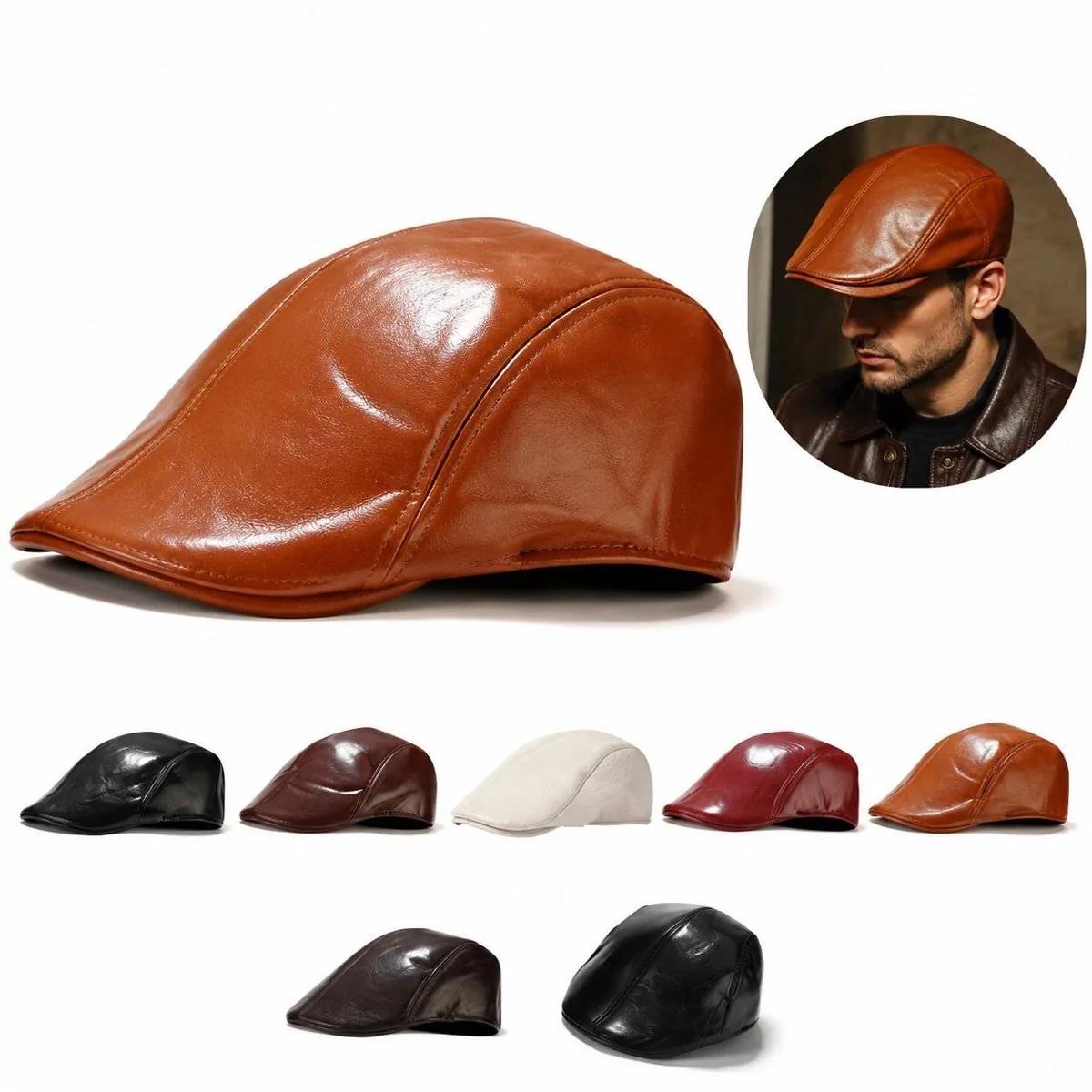 French Style PU Leather Beret Adjustable Fall Winter Hat 2