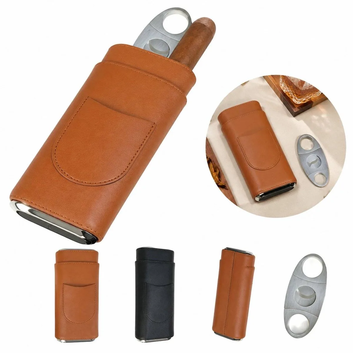 Portable Cedar-Lined Leather Cigar Case for 3 2