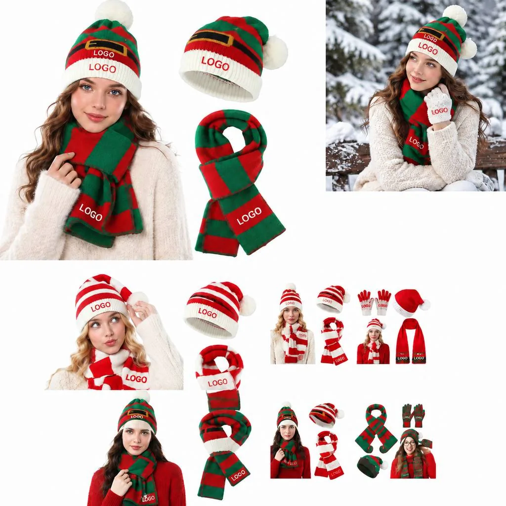 Christmas Knit Hat and Scarf Set Winter Warm Gift for Adults