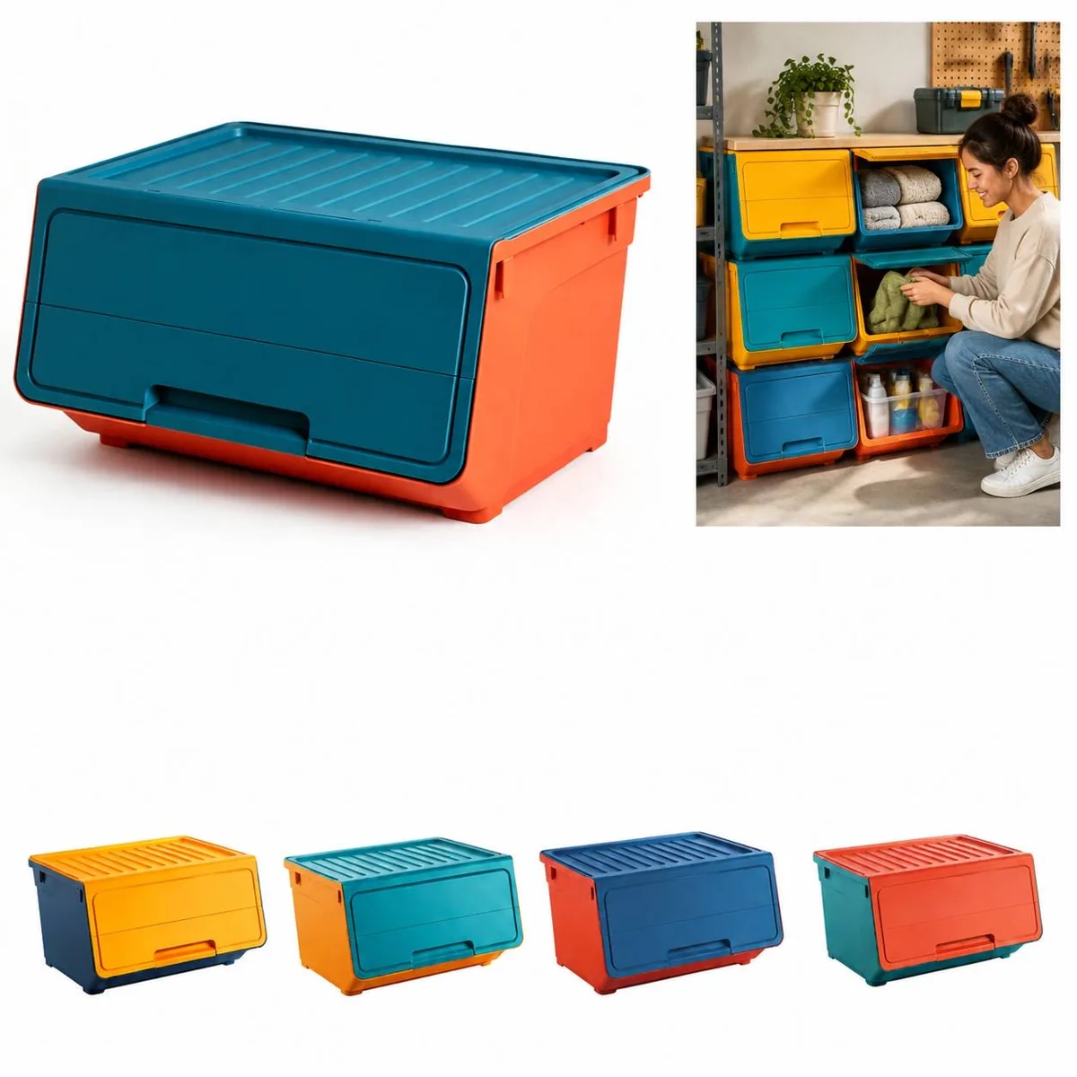 Stackable Plastic Storage Crate with Wooden Accents 2