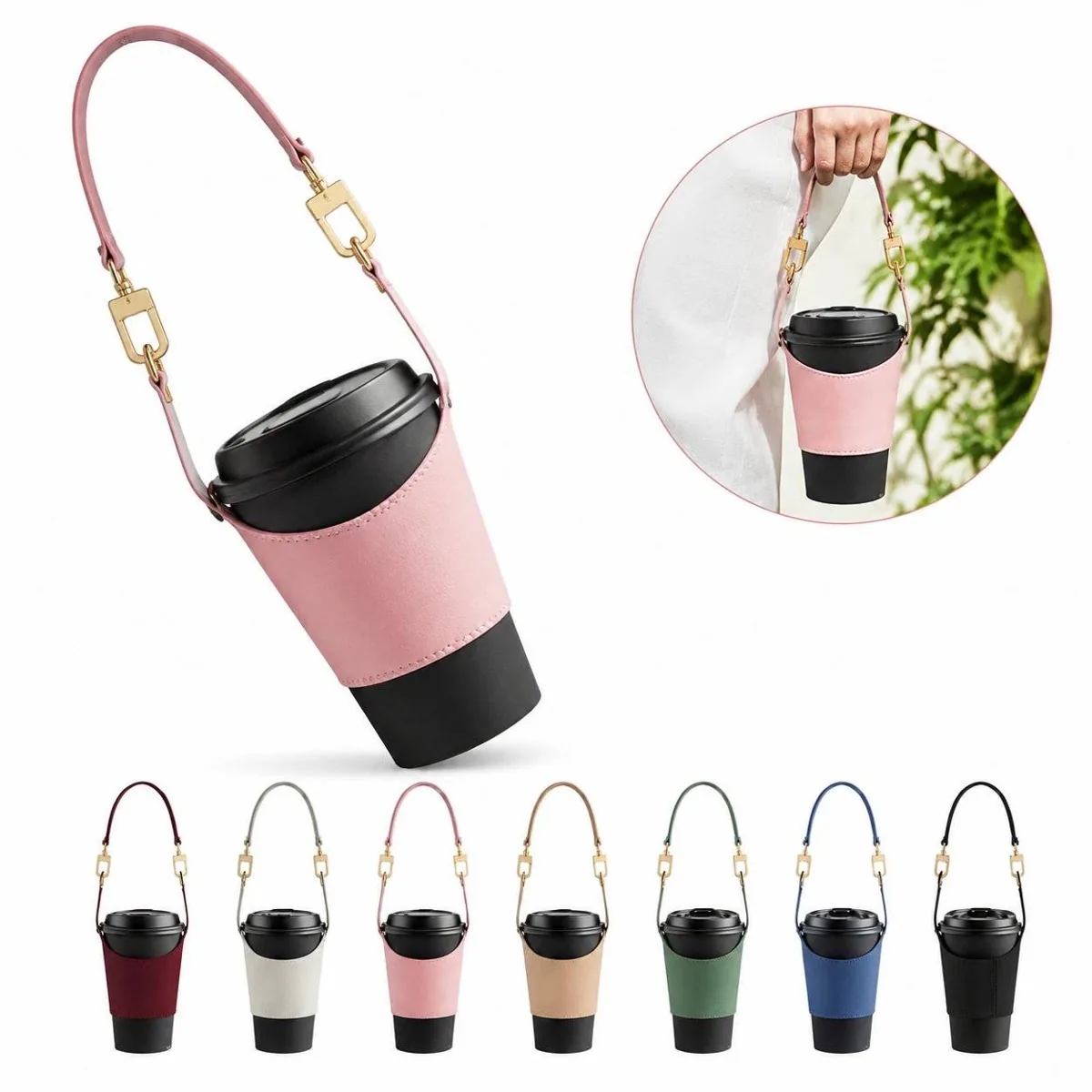 Adjustable PU Leather Cup Carrier Bag with Strap 2
