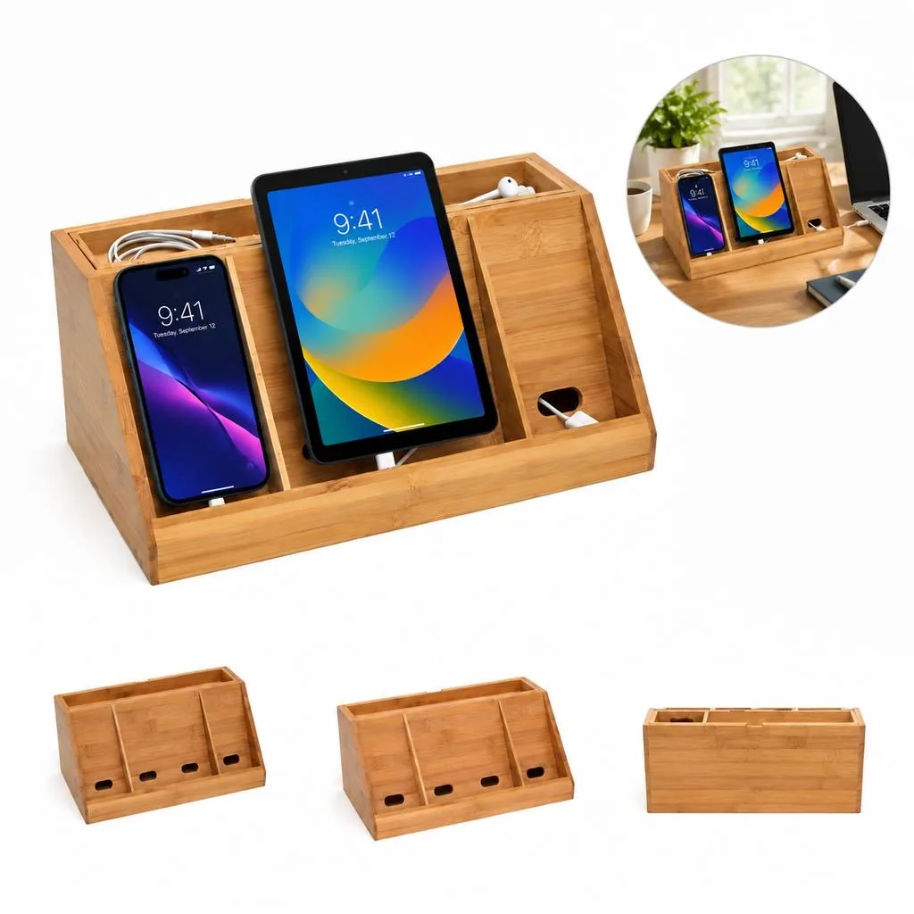 Eco-Friendly Bamboo Desktop Charging Station Organizer 2