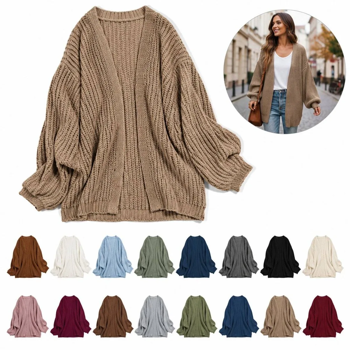 Women's Textured Lantern Sleeve Knit Cardigan 2