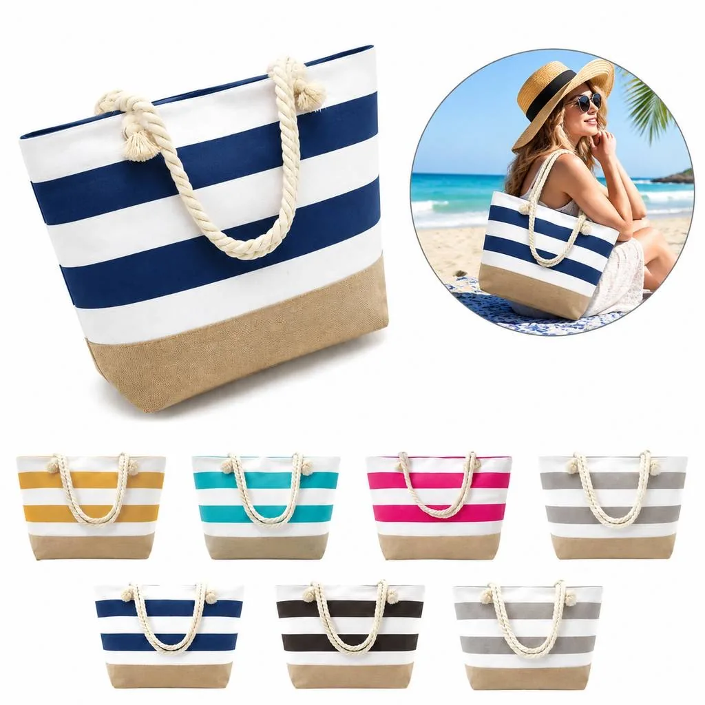 Large Capacity Striped Canvas Tote for Daily Use 2