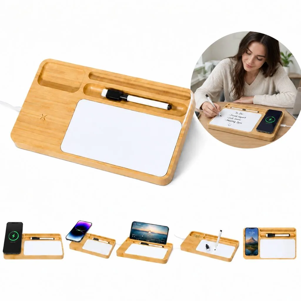Bamboo Qi Wireless Charging Notepad Desk Organizer 2
