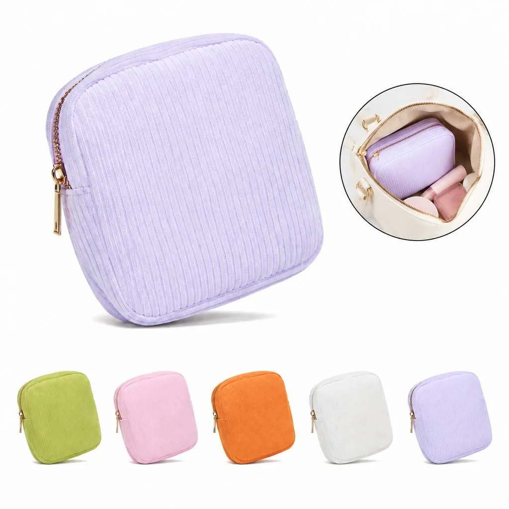 Portable Corduroy Makeup Pouch with Zipper and Pockets 2