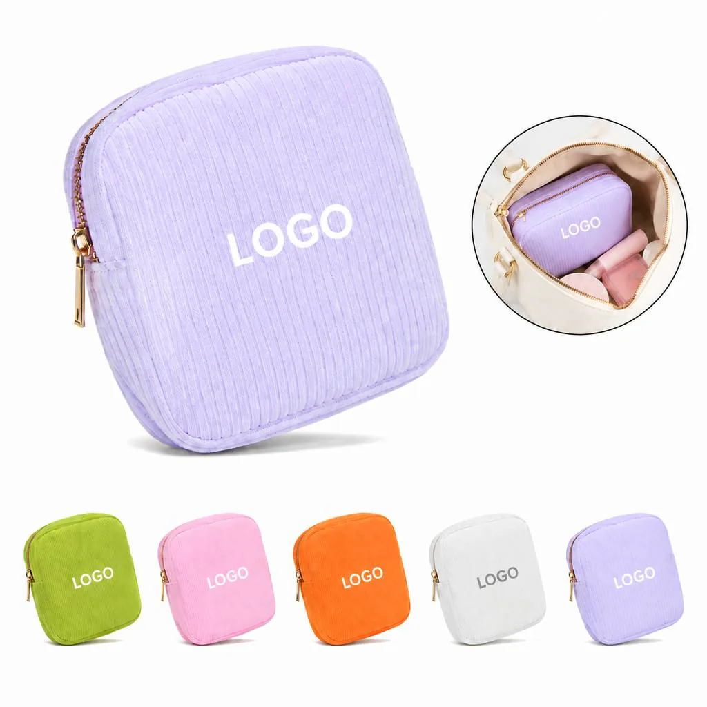 Portable Corduroy Makeup Pouch with Zipper and Pockets
