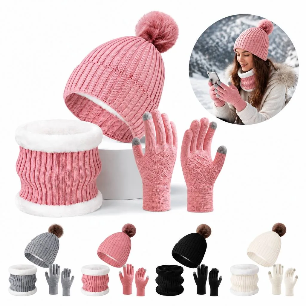Unisex Wool Blend Winter Beanie Scarf Gloves Set 2