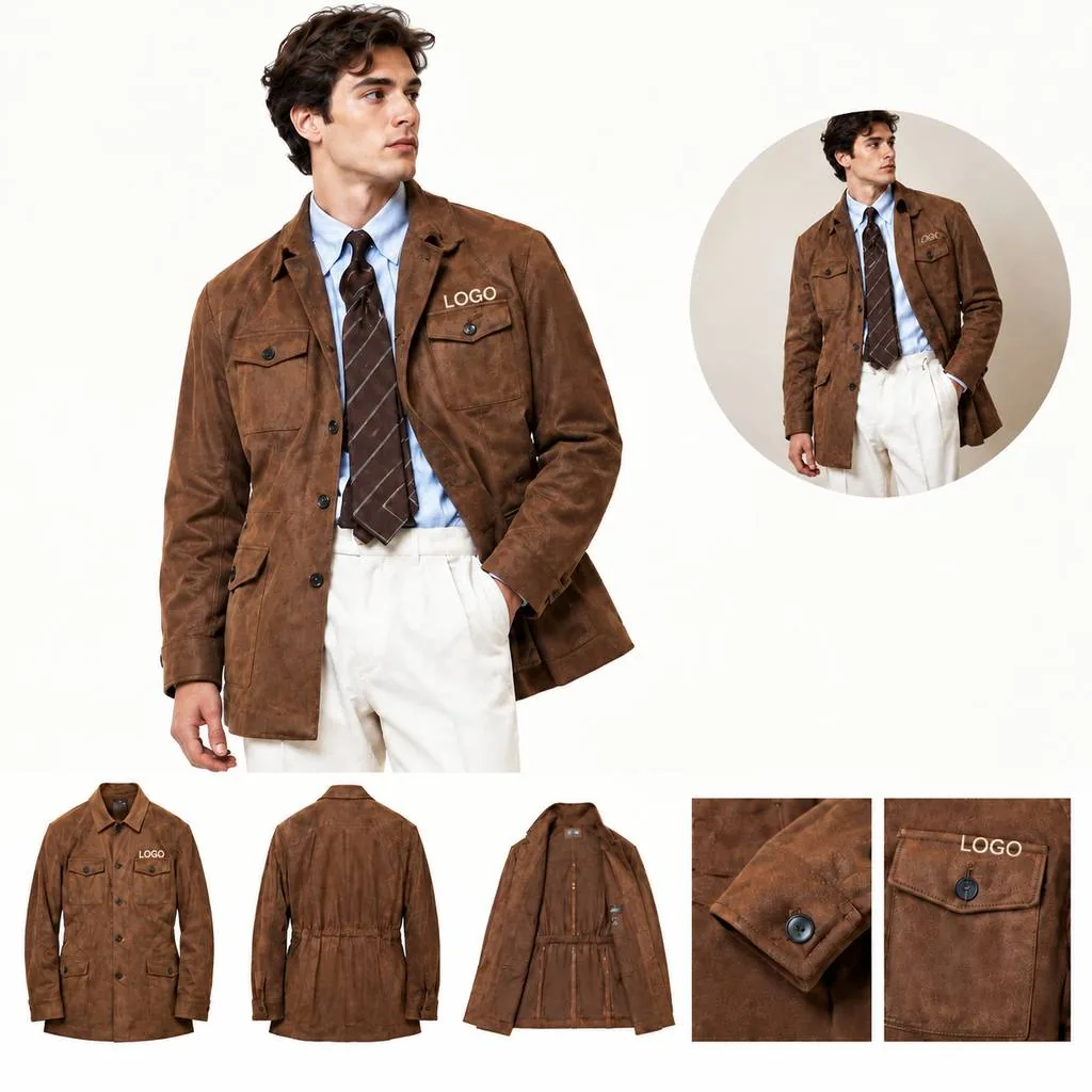Suede Safari Jacket with Belt and Pockets