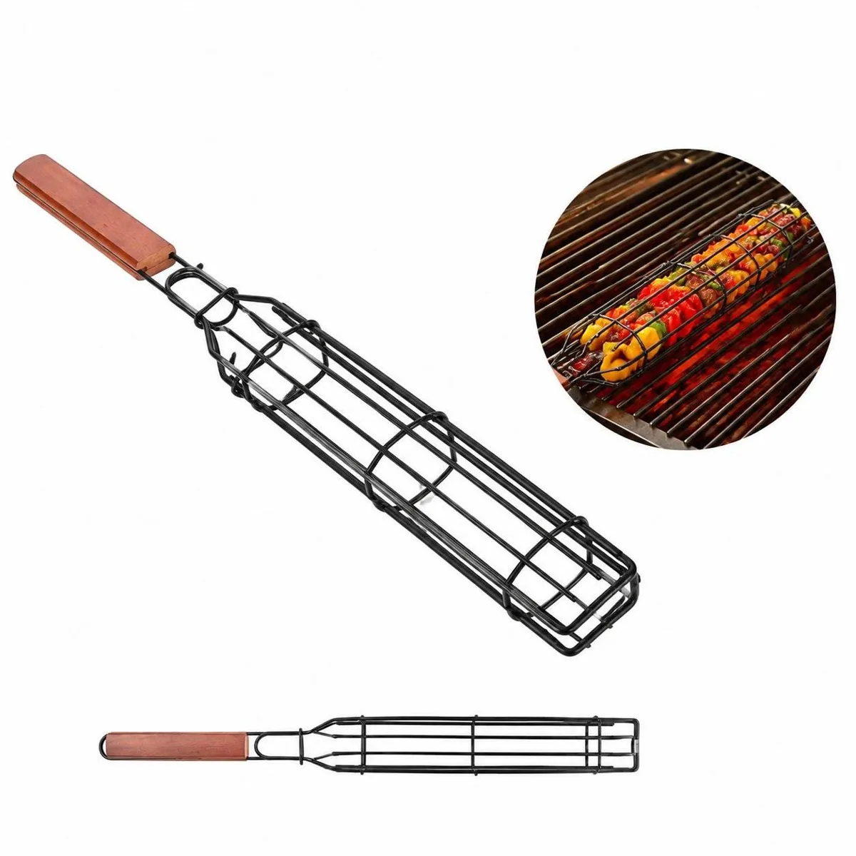 BBQ Kebab Grilling Basket with Wooden Handles 2