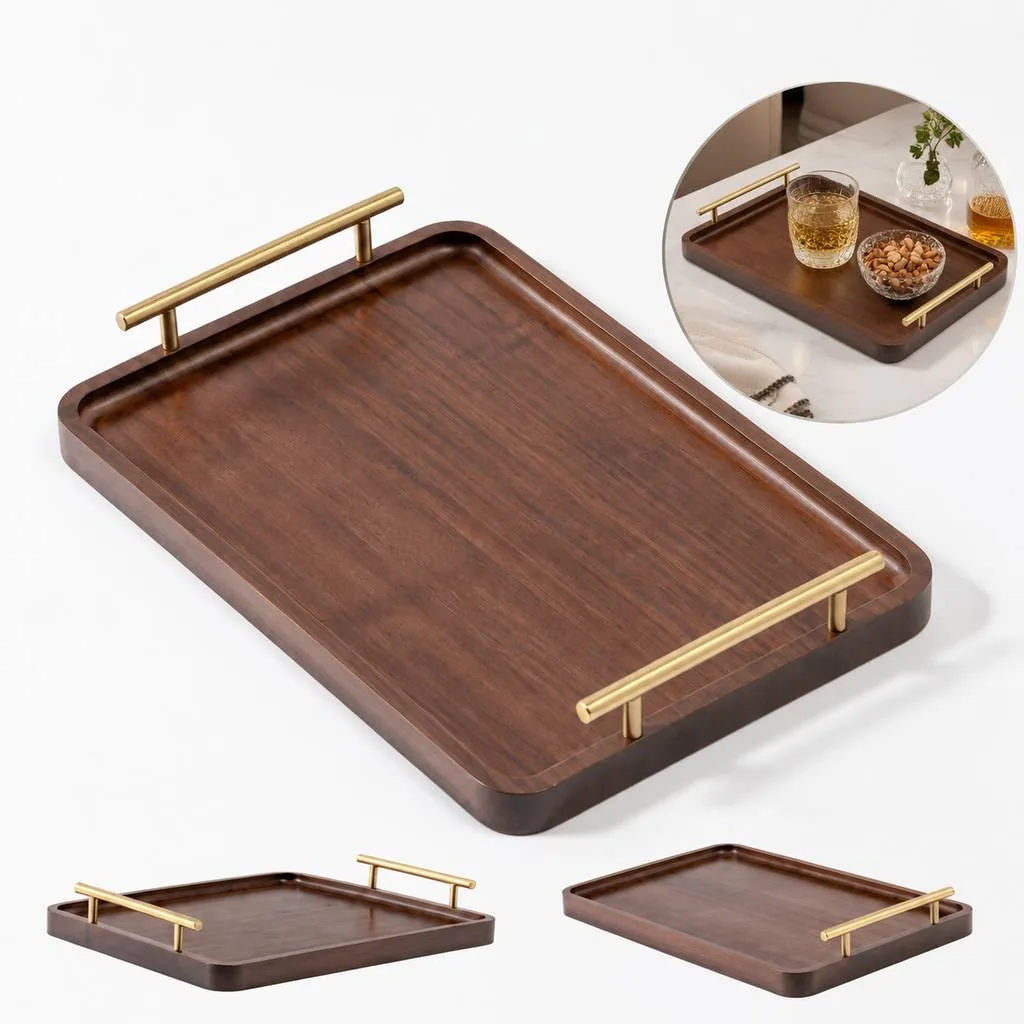 Natural Wood Serving Tray with Sturdy Side Handles 2