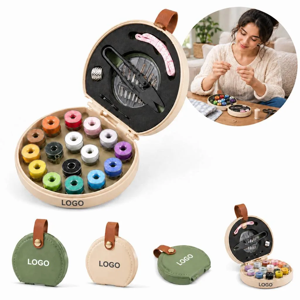 Portable Leather Travel Sewing Kit with Compact Case