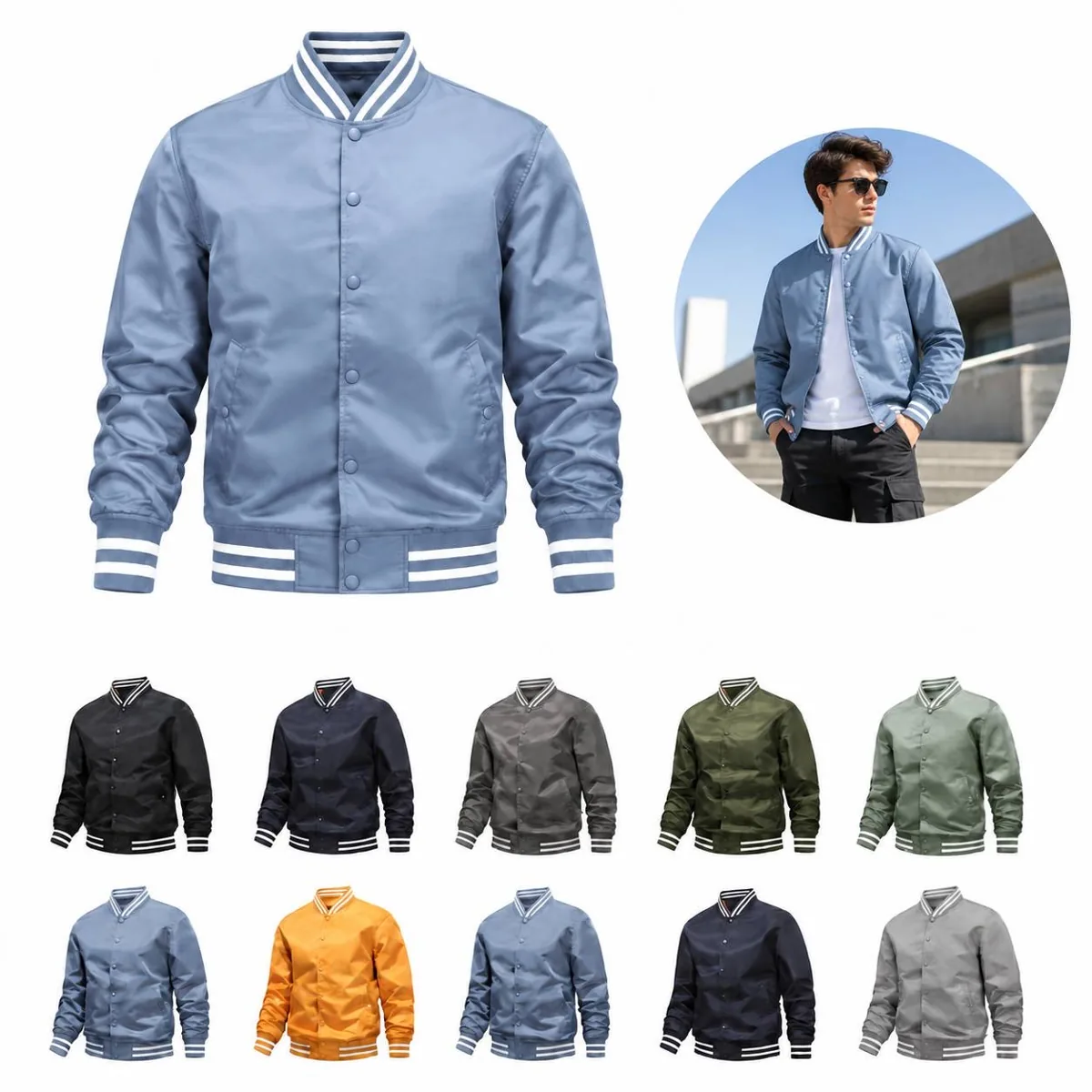 Snap-Front Bomber Varsity Jacket with Ribbed Trim 2
