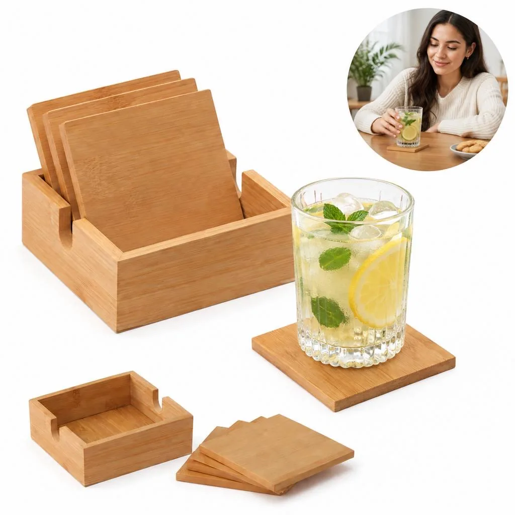 Eco-Friendly Bamboo Square Coaster Set with Storage 2