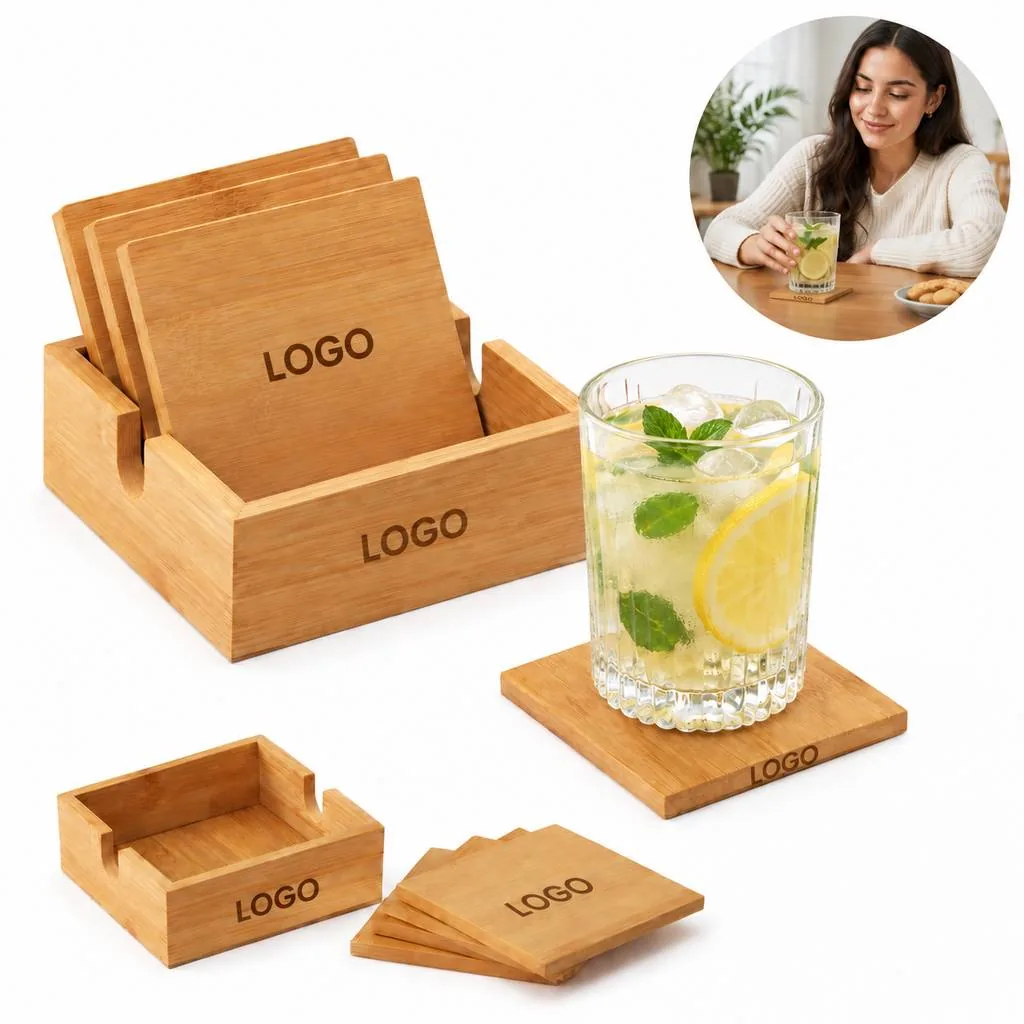 Eco-Friendly Bamboo Square Coaster Set with Storage
