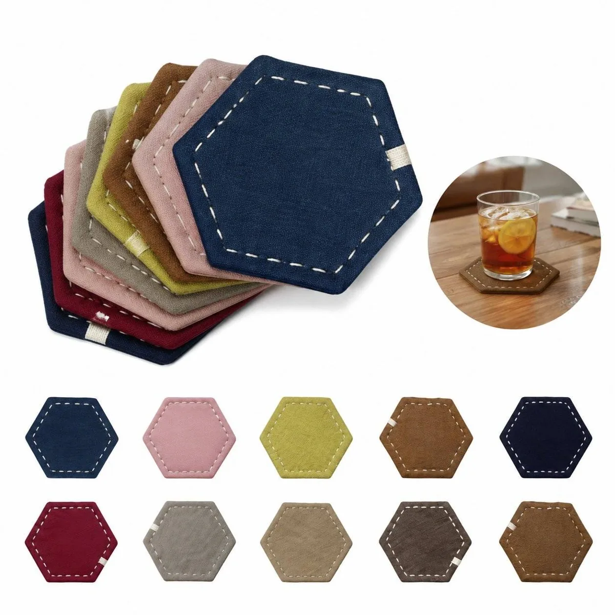 Japanese Sashiko Stitch Linen Drink Coasters 2