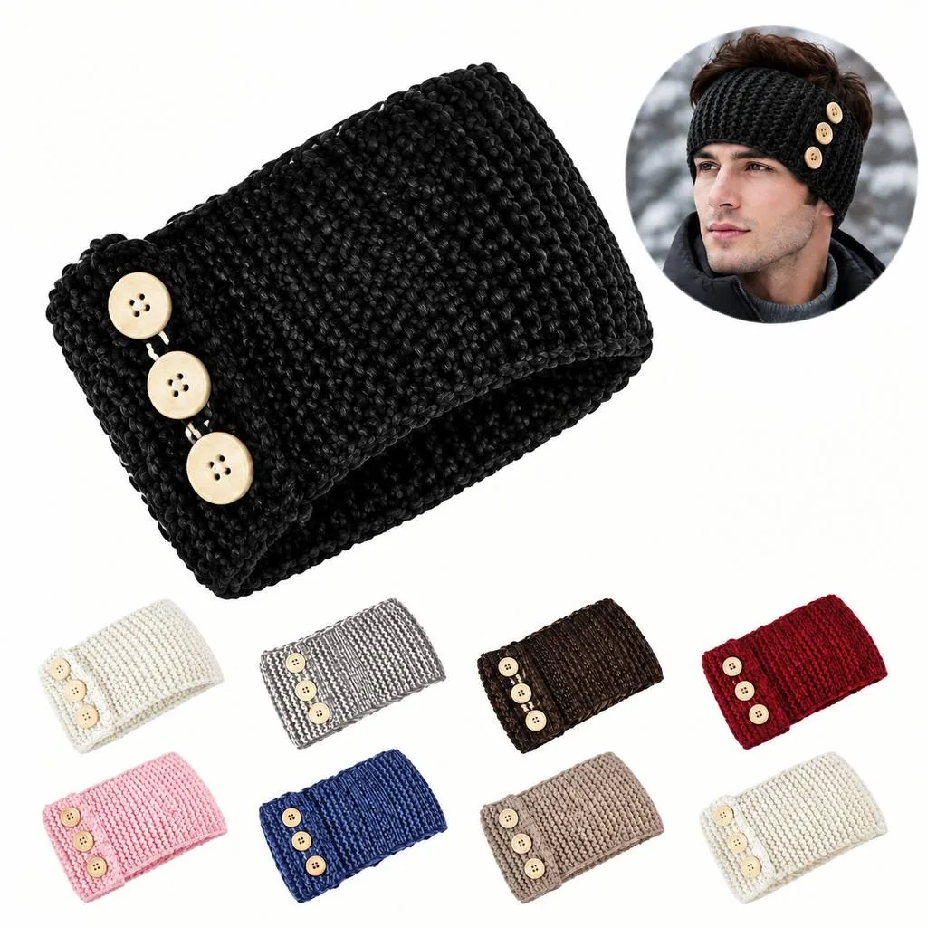 Knitted Wool Ear Warmer Headband with Button Closure 2