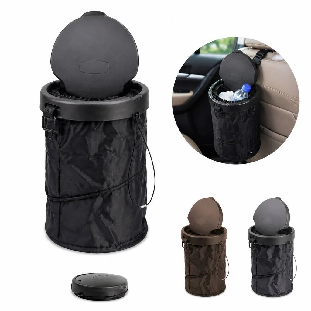 Car Trash Can with Lid, Polyester Vehicle Waste Storage Bin 2