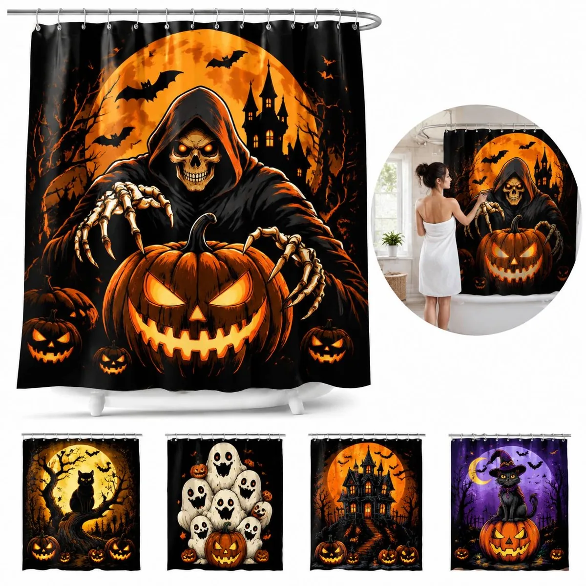 Halloween Shower Curtain Spooky Ghost Bat Pumpkin Waterproof 2