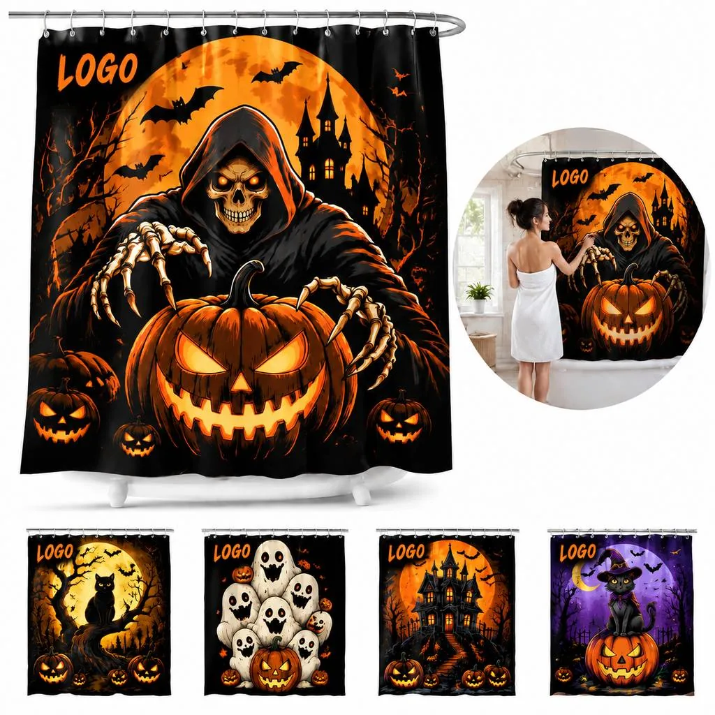 Halloween Shower Curtain Spooky Ghost Bat Pumpkin Waterproof