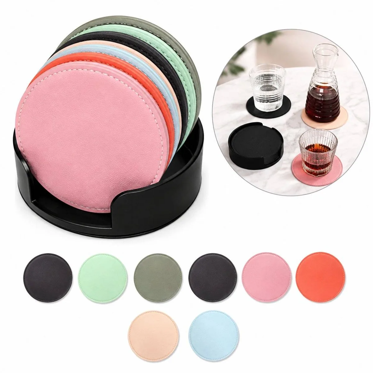 Round Water-Resistant Leather Coaster for Drinks 2