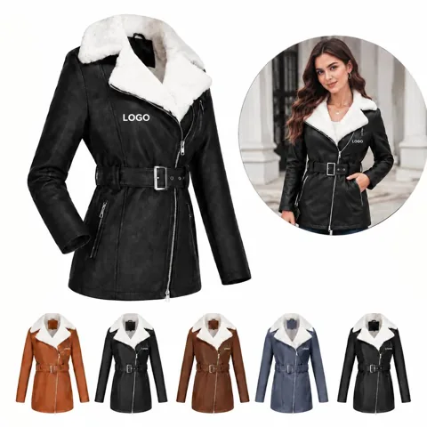 Warm Velvet-Trimmed Leather Coat with Notched Lapel