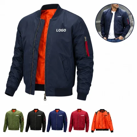 Men's Quilted Zip-Up Bomber Jacket with Side Pockets
