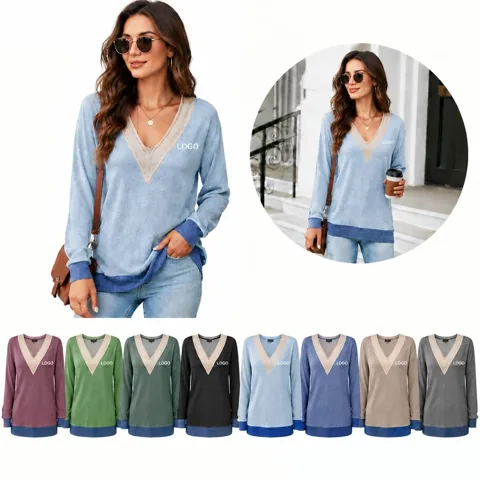 Women's Lace Trim V-Neck Contrast Casual Blouse